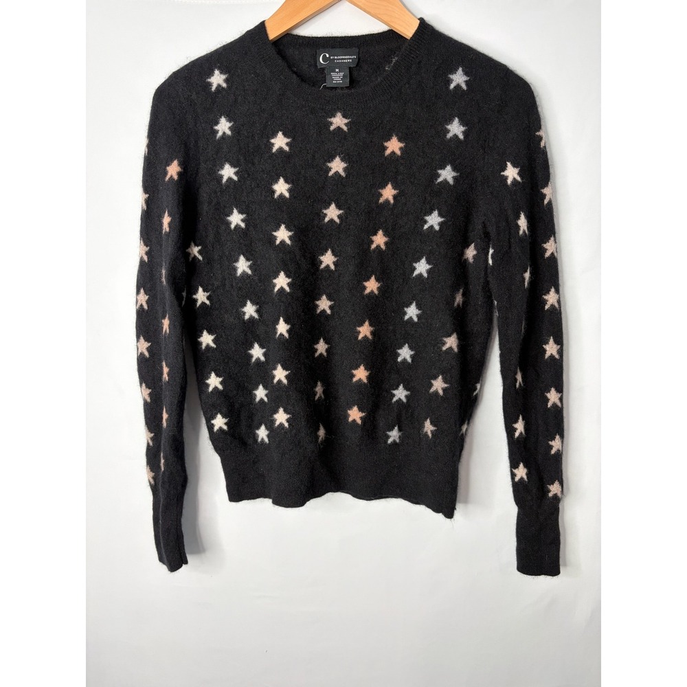 Bloomingdale's 2-Ply Cashmere Crew Neck Sweater Size M Black Star Print Luxury